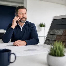 Roofing consultant taking a phone call in a clean office