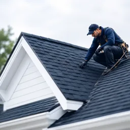 Professional roofer inspecting a clean residential roofline