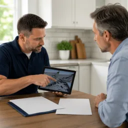 Roofing consultant reviewing blank documentation with a homeowner