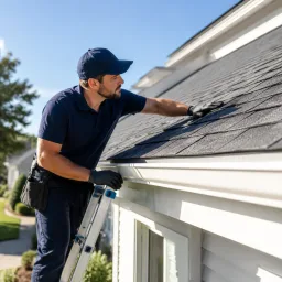 Roofing specialist inspecting a home roof from a ladder